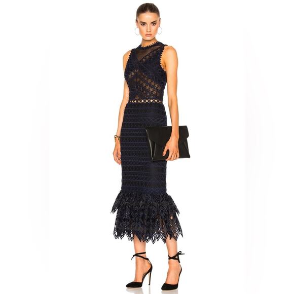 SIMKHAI Lattice Embroidered Mermaid Trumpet Dress Navy Blue and Black 2 - Picture 1 of 16